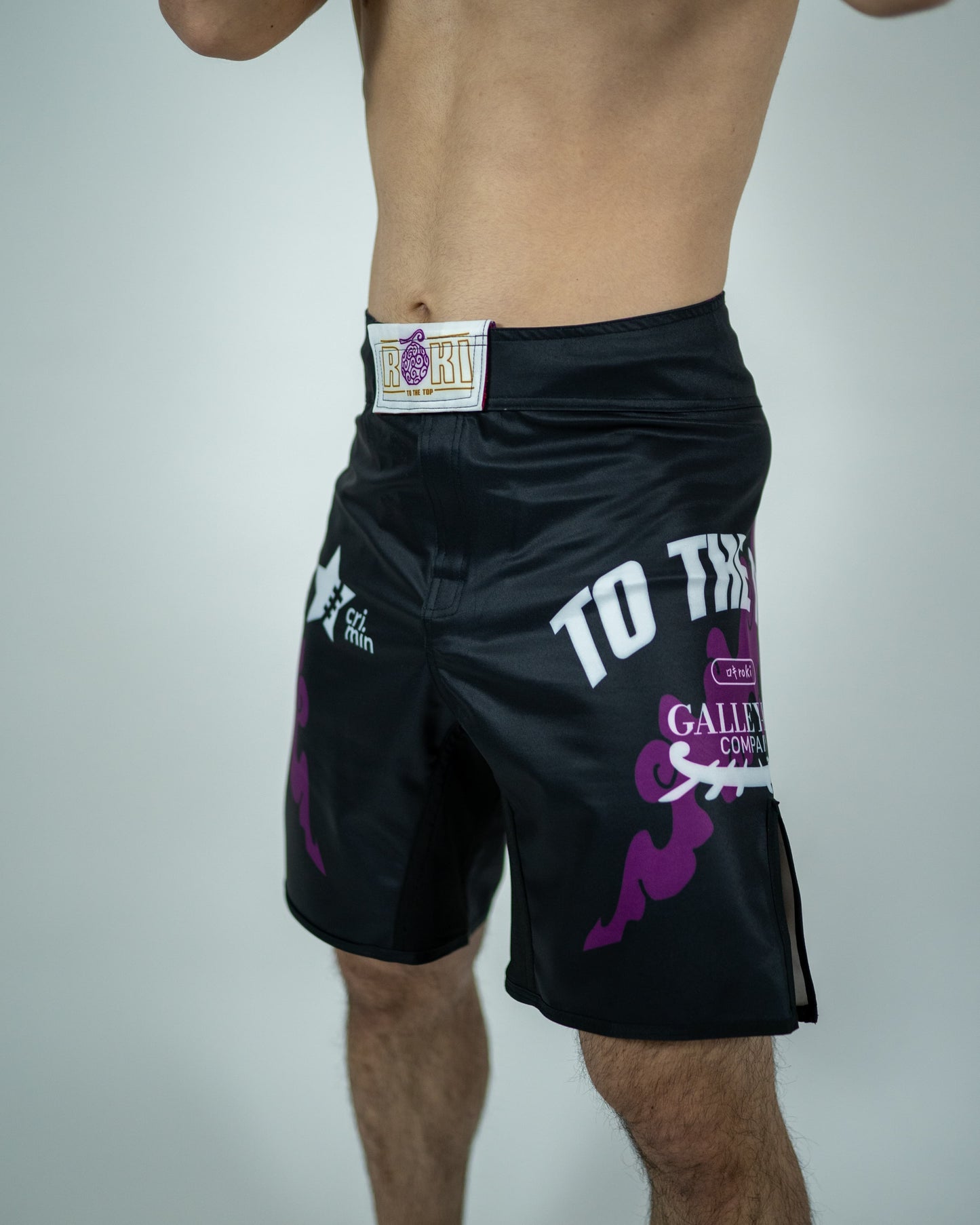 Front view of a model wearing Roki grand line fight shorts, featuring purple accents, Roki logo, and manga-inspired sponsor logos