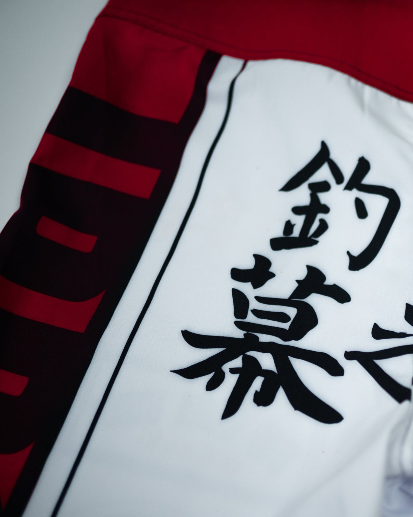 Close-up of Ippo Fight Shorts showing Japanese kanji on white fabric with red and black side panel