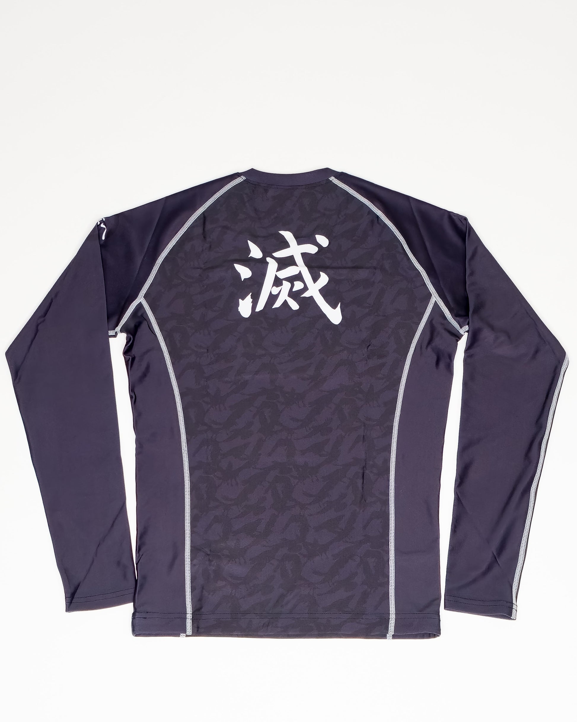 Black long sleeve demon slayer mma rash guard shirt with white text on a white background