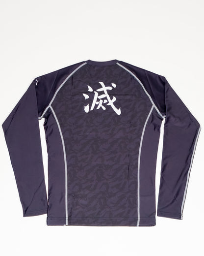 Black long sleeve demon slayer mma rash guard shirt with white text on a white background