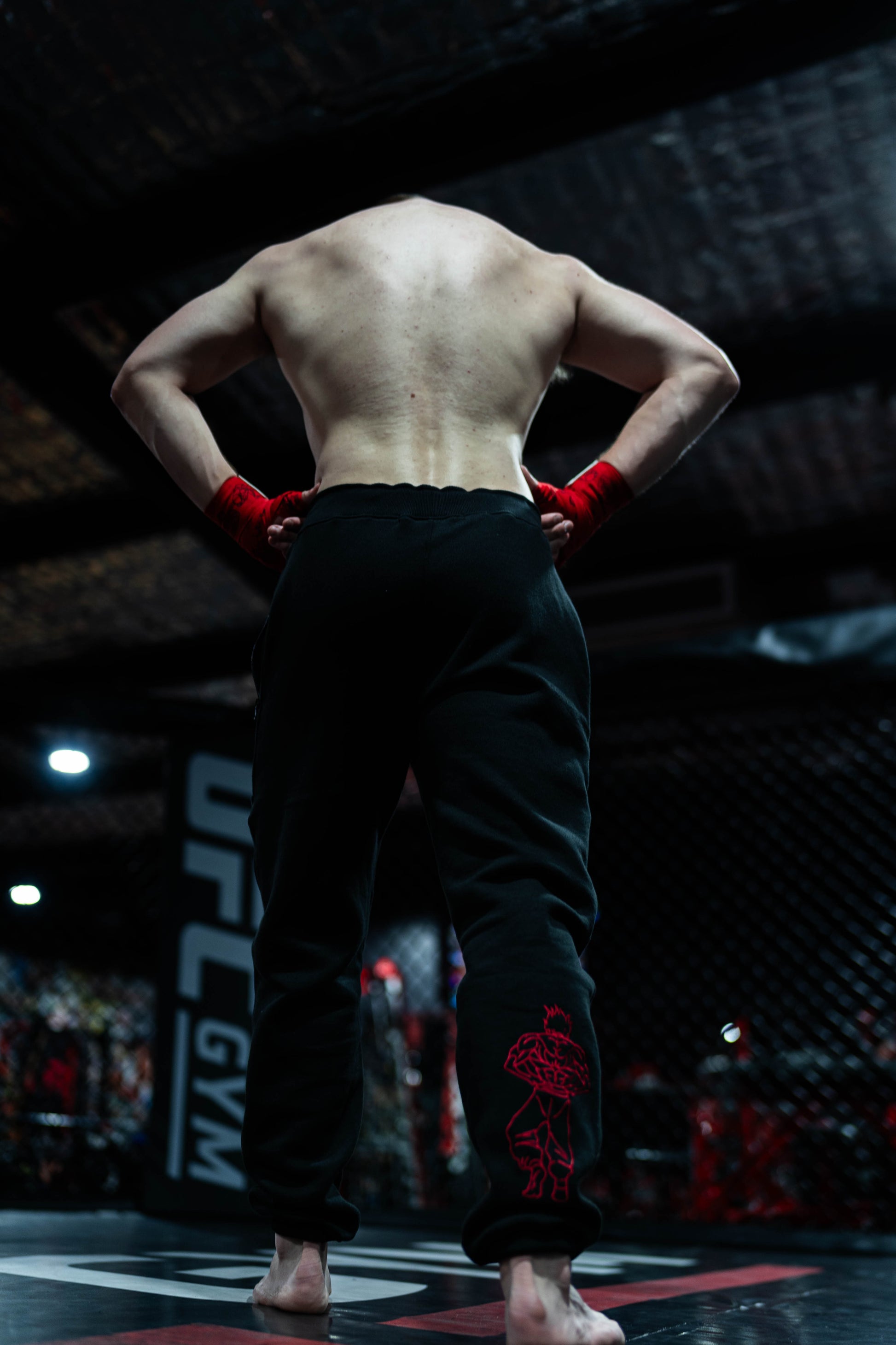 Back of fighter wearing Baki anime joggers