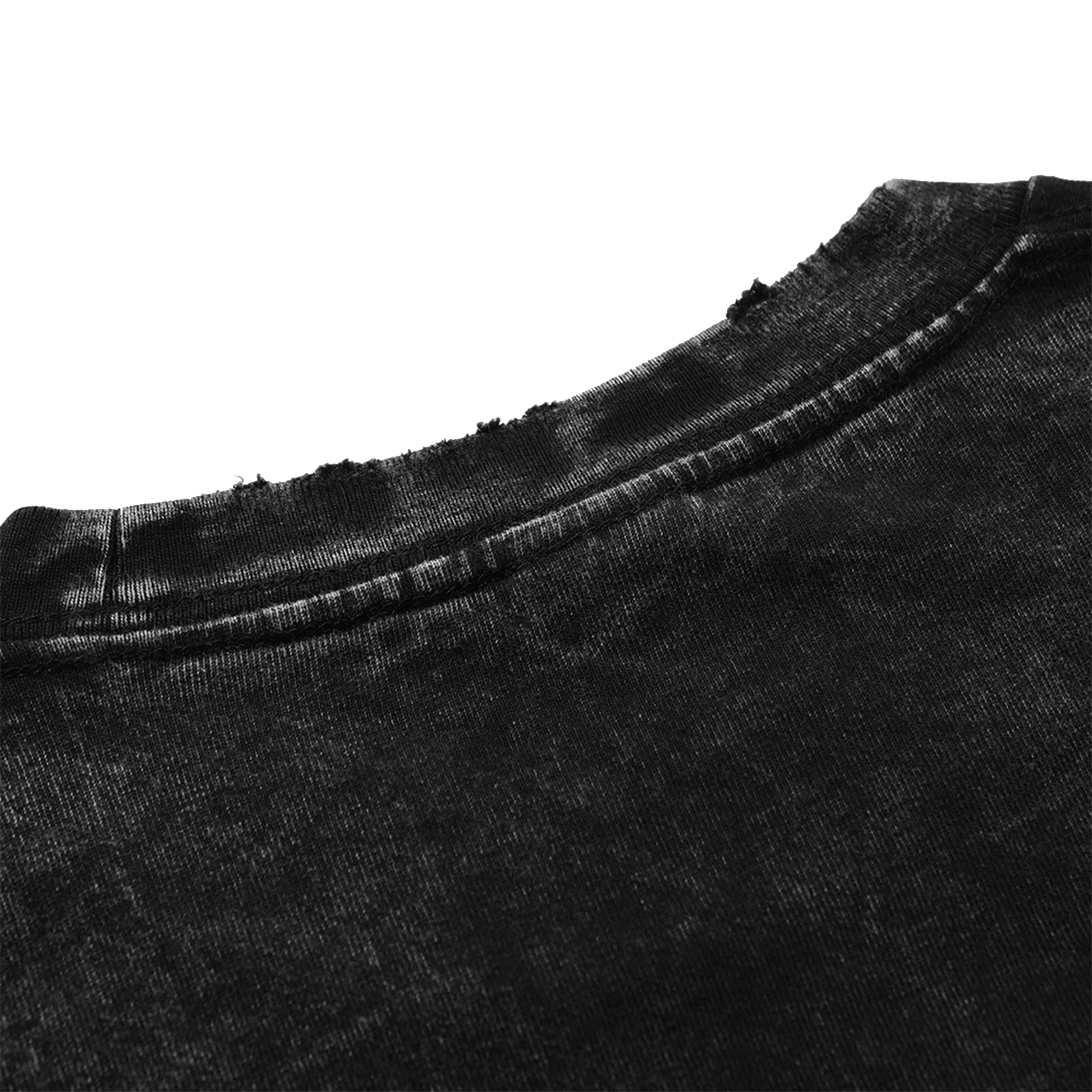 Close-up neckline of stone-washed shirt