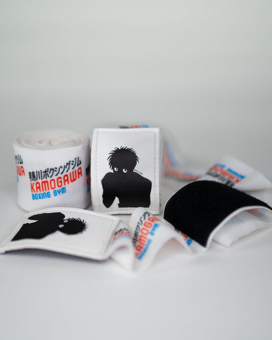 Hajime no Ippo Boxing Hand Wraps by Roki. Featuring Kamogawa Boxing Gym Design. Mexican-blend fabric with large Velcro.