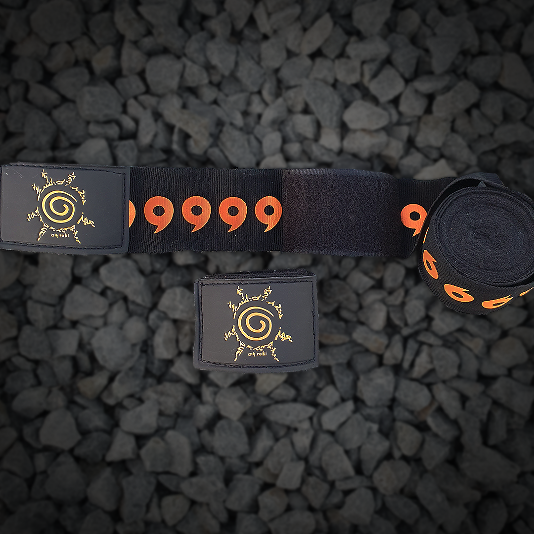 Naruto boxing and muay thai hand wraps. Black fabric with orange sage of six paths design and uzumaki and kyubi symbols