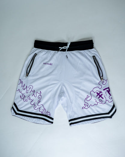 Front view of white Roki Awakened gym shorts featuring purple accents and Roki logo