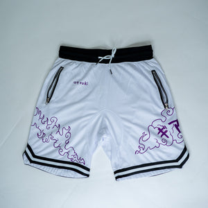 Front view of white Roki Awakened gym shorts featuring purple accents and Roki logo