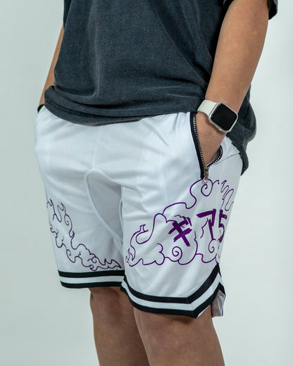 Side close-up of a model wearing white Roki Awakened gym shorts featuring purple accents and Roki logo