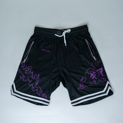 Front view of black Roki Awakened gym shorts featuring purple accents and Roki logo