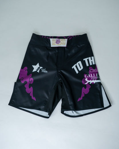 Front view of Roki grand line fight shorts, featuring purple accents, Roki logo, and manga-inspired sponsor logos