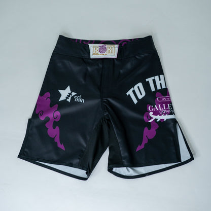 Front view of Roki grand line fight shorts, featuring purple accents, Roki logo, and manga-inspired sponsor logos