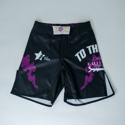 Front view of Roki grand line fight shorts, featuring purple accents, Roki logo, and manga-inspired sponsor logos