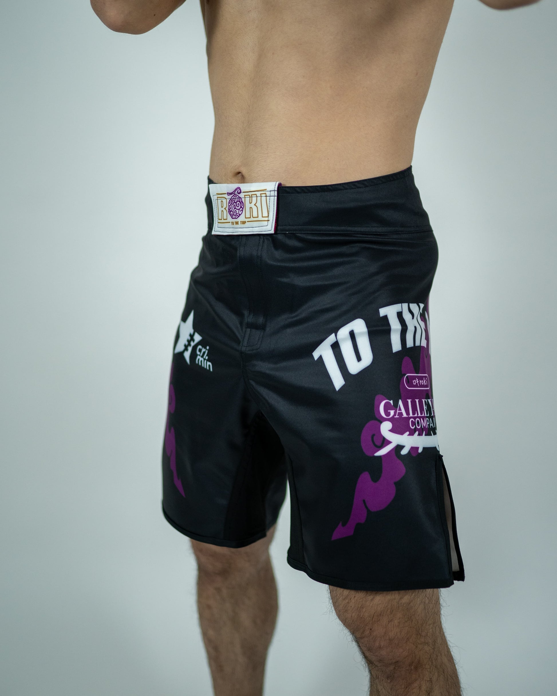 Front view of a model wearing Roki grand line fight shorts, featuring purple accents, Roki logo, and manga-inspired sponsor logos