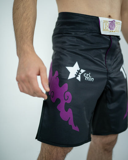 Side view of a model wearing Roki grand line fight shorts, featuring purple accents, Roki logo, and manga-inspired sponsor logos