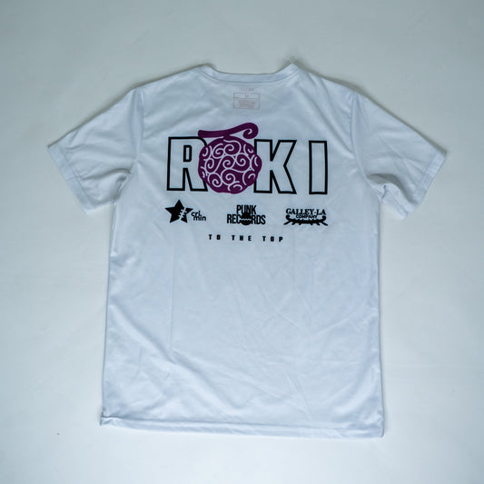 Back view of a Roki Liberation training shirt with anime-inspired sponsor logos