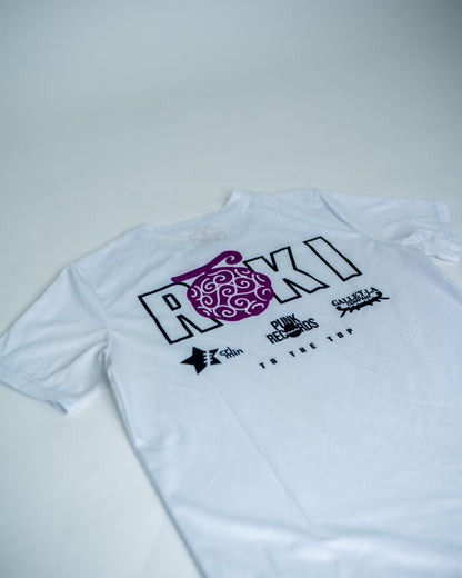 Back view of a white Roki Liberation training shirt featuring anime-inspired sponsor logos
