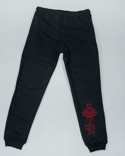 Flatlay of Grappler Joggers back view showing red embroidered demon back character on lower leg