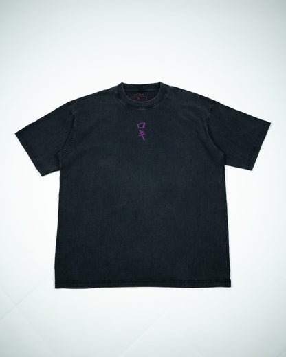 Front view of a black Roki muki muki oversized t-shirt featuring a purple Roki logo